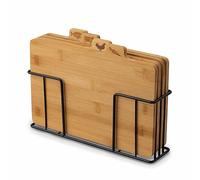 Set di 4 taglieri con supporto per cedro, un set di taglieri da cucina in bambù in un supporto in metallo nero