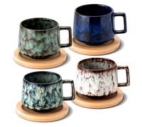Set di 4 tazze da caffè, 190 ml, con piattini in legno, tazze da caffè con piattini, tazze in gres porcellanato per caffè, americano, latte, caffè, mocha e tè (beige+ciano, blu scuro e verde scuro)