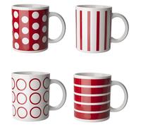 Set di 4 tazze da caffè in ceramica con quattro tazze a righe rosse e bianche a pois in confezione regalo colorata, 325 ml