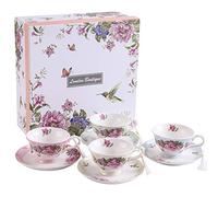 Set di 4 tazzine da caffè e piattino, in Porcellana, Stile Vintage, con Uccelli, Farfalle, Flora, Confezione Regalo (1 Set da 4)