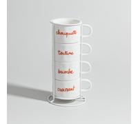 Set di 4 tazzine in ceramica bianca e rossa e supporto in acciaio