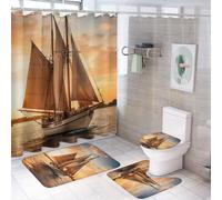 Set di 4 tende da a a forma di barca a vela bianca, set da bagno moderno con tramonto sull'oceano e barca, set di tende da a con tappeti e accessori, arredamento per il bagno con tap