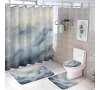 Set di 4 tende da a astratte con tappeto, set da bagno con paesaggio le di montagna nebbiosa mattutina, tenda da a impermeabile e tappeti antiscivolo, copriwater, tappetino da bagno co