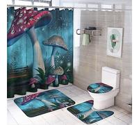 Set di 4 tende da a con motivo Fantasy Retro Mushrooms, tappeti antiscivolo con fiori selvatici e fiabe dei cartoni animati, copriwater e tappetino da bagno, resistenti e impermeabili, per l'arre
