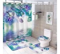 Set di 4 tende da a con orchidee tropicali colorate, tema zen, fiabe, fiori, foglie di palma, orchidea, set di decorazioni per il bagno con tappeti, copriwater antiscivolo impermeabile e tappetin