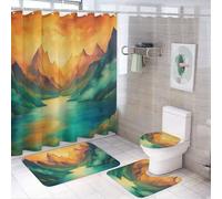 Set di 4 tende da a con paesaggio montano - Set di decorazioni per il bagno impermeabili con montagne e laghi, con tappeti, tappetino da bagno, copriwater e ganci, per set da bagno di casa, 72 x