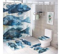 Set di 4 tende da a con pesci astratti, set da bagno moderno con animali blu rustico e oceano, set di tende da a con tappeti e accessori, arredamento per il bagno con tappetini da bagno e co