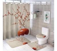 Set di 4 tende da a con rami di alberi floreali semplici, set da bagno con vaso rosso vintage, set di tende da a con tappeti e accessori, arredamento per il bagno con tappetini da bagno e co