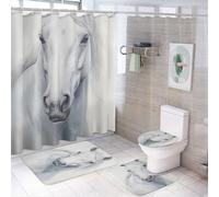 Set di 4 tende da a moderne a forma di cavallo, set da bagno retrò con animali bianchi freddi, set di tende da a con tappeti e accessori, arredamento per il bagno con tappetini da bagno e co
