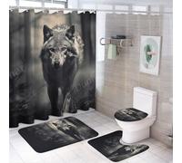 Set di 4 tende da a retrò rustiche a forma di con tappeto grigio, set da bagno con animali, tenda da a impermeabile e tappeti antiscivolo, copriwater, tappetino da bagno, decorazione co