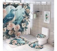 Set di 4 tende da a rustiche con uccelli blu, set da bagno vintage con fiori a forma di cuore, set di tende da a con tappeti e accessori, arredamento per il bagno con tappetini da bagno e co