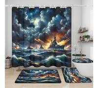 Set di 4 tende da a vintage con navi da guerra della Marina americana, tema nautico con pittura a olio rustica, stampa di navi da guerra dell'esercito, set di decorazioni per il bagno con tappeti