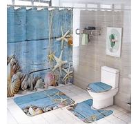 Set di 4 tende da a vintage in stile nautico e costiero, con motivo rustico oceano, spiaggia, stelle marine, conchiglie, rete da pesca, conchiglie, tappetini, copriwater antiscivolo impermeabile