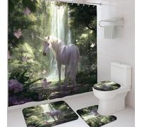 Set di 4 tende da doccia a forma di cavallo magico, tappeto da bagno con farfalle bianche e viola, accessori per la decorazione del bagno, tenda da doccia in tessuto impermeabile fantasia primaverile