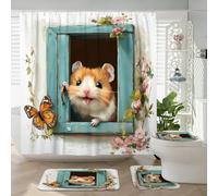 Set di 4 tende da doccia a forma di criceto primaverile con tappeto antiscivolo, a forma di U e tappetino per copriwater, divertente, floreale, per finestre, set di accessori per la casa e il bagno