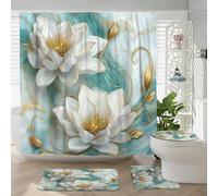 Set di 4 tende da doccia a forma di ninfee primaverili con tappeto antiscivolo, a forma di U e tappetino copriwater, lussuosi set di accessori per il bagno con fiori e foglie, 183 x 183 cm