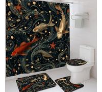 Set di 4 tende da doccia a forma di pesce carpa, blu scuro, rosso, oro, elementi acquatici, tappeti, accessori per la decorazione del bagno, tenda da doccia moderna in tessuto impermeabile con ganci