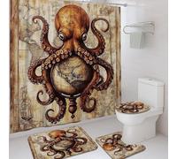 Set di 4 tende da doccia a forma di polpo marrone, tappetino da bagno con globi nautici, accessori per la decorazione del bagno, tenda da doccia moderna in tessuto impermeabile con ganci, 182 x 183 cm