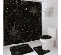 Set di 4 tende da doccia a forma di ragnatela per Halloween, tappetino da bagno nero e oro con stelle, accessori per la decorazione del bagno, moderna tenda da doccia in tessuto impermeabile con ganci
