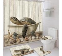 Set di 4 tende da doccia a forma di tartaruga marina, tappeto da bagno beige verde costiero, accessori per la decorazione del bagno, tenda da doccia estiva nautica impermeabile in tessuto con ganci