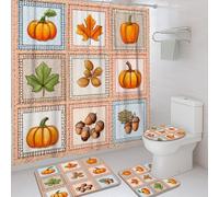 Set di 4 tende da doccia a forma di zucca, tappetino da bagno con foglie gialle arancioni, accessori per decorazione autunnale, set di tende da doccia moderne in tessuto impermeabile con ganci, 182 x