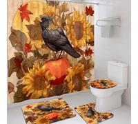 Set di 4 tende da doccia autunnali con uccellini, girasole e zucca, accessori decorativi per il bagno per la stagione autunnale, set di tende da doccia in tessuto impermeabile vintage con ganci, 182 x