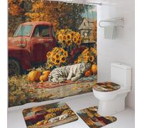 Set di 4 tende da doccia autunnali in stile rustico, tigre rossa e girasole bianca, accessori per la decorazione del bagno, tenda da doccia in tessuto impermeabile con ganci, 182 x 183 cm