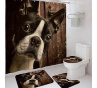 Set di 4 tende da doccia Boston Terrier, tappetino da bagno con cane bianco e nero, accessori per la decorazione del bagno, tenda da doccia moderna in tessuto impermeabile con ganci, 182 x 183 cm