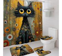 Set di 4 tende da doccia colorate a forma di gatto, colore nero e giallo, con motivo rotondo, tappeto da bagno, accessori per la decorazione del bagno, tenda da doccia moderna in tessuto impermeabile