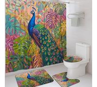 Set di 4 tende da doccia colorate a forma di pavone, tappeto da bagno tropicale blu verde, accessori per la decorazione del bagno, tenda da doccia moderna estiva in tessuto impermeabile con ganci, 182