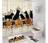 Set di 4 tende da doccia con animali autunnali, tappetino da bagno arancione nero per cani, accessori per l'arredamento del bagno, tenda da doccia in tessuto impermeabile moderno beige con ganci, 182
