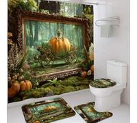 Set di 4 tende da doccia con carrozza di zucca, arancione verde autunnale, accessori per la decorazione del bagno, tenda da doccia vintage in tessuto impermeabile con ganci, 182 x 183 cm