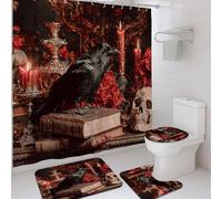 Set di 4 tende da doccia con corvo nero, tappeto da bagno gotico con rosa rossa, accessori per la decorazione del bagno, set di tende da doccia in tessuto impermeabile vintage per Halloween, con ganci