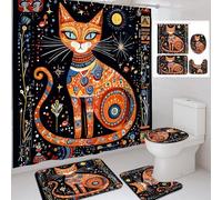 Set di 4 tende da doccia con gatto cosmico, tappeto decorativo per il bagno, tappeto decorativo per il bagno, tenda da doccia moderna artistica in tessuto impermeabile con ganci, 182 x 183 cm