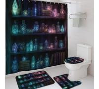 Set di 4 tende da doccia con gemme magiche, tappetino da bagno in cristallo blu viola, accessori per arredamento bagno, fantasia moderna, tenda da doccia in tessuto impermeabile con ganci, 182 x 183