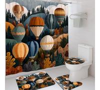 Set di 4 tende da doccia con mongolfiera, blu con tappetino da bagno arancione autunnale, accessori per la decorazione del bagno, tenda da doccia in tessuto impermeabile autunnale con ganci, 182 x 183