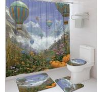 Set di 4 tende da doccia con mongolfiera, blu con tappetino da bagno arancione scenico, accessori per la decorazione del bagno, tenda da doccia moderna in tessuto impermeabile autunnale con ganci, 182