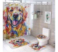 Set di 4 tende da doccia con motivo a cane e animale, con copriwater, tappetino a forma di U e tappetini antiscivolo, set di tende da doccia con simpatico Golden Retriever e acquerello, arredo bagno,