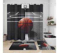 Set di 4 tende da doccia con motivo astratto di basket e sport moderni, con stampa di campo da basket, tappetino antiscivolo, copertura per WC e tappetino da bagno, resistente e impermeabile, set di