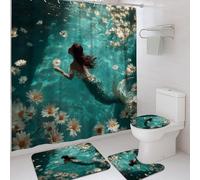Set di 4 tende da doccia con motivo floreale a sirena, colore blu acqua e giglio, accessori per la decorazione del bagno, tenda da doccia estiva in tessuto impermeabile, 182 x 183 cm