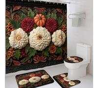 Set di 4 tende da doccia con motivo floreale e zucca, dalia, tappeto da bagno, accessori per la decorazione del bagno, tenda da doccia moderna in tessuto nero impermeabile con ganci, 182 x 183 cm