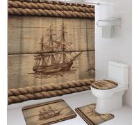 Set di 4 tende da doccia con nave nautica, tappetino da bagno marrone beige, accessori per la decorazione del bagno, rustica moderna tenda da doccia in tessuto impermeabile con ganci, 182 x 183 cm