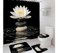 Set di 4 tende da doccia con ninfee nere e bianche, tappeto da bagno, accessori per la decorazione del bagno, tenda da doccia moderna in tessuto impermeabile primaverile con ganci, 182 x 183 cm