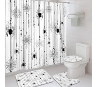 Set di 4 tende da doccia con ragnatela, nero e bianco, tappetino da bagno per Halloween, accessori per la decorazione del bagno, moderna tenda da doccia in tessuto impermeabile con ganci, 182 x 183 cm