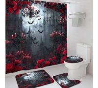 Set di 4 tende da doccia gotiche con pipistrelli e rose rosse nere e rosse, tappeto da bagno per Halloween, accessori per la decorazione del bagno, set di tende da doccia in tessuto impermeabile