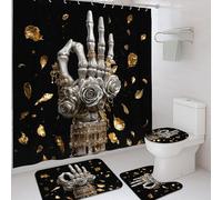 Set di 4 tende da doccia gotiche nere e dorate, tappetino da bagno con rose, accessori per decorazione di Halloween, tenda da doccia in tessuto impermeabile con ganci, 182 x 183 cm