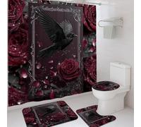 Set di 4 tende da doccia gotiche, tappetino da bagno con rosa rossa e corvo nero, accessori per la decorazione del bagno, set di tende da doccia moderne in tessuto impermeabile con ganci, 182 x 183 cm