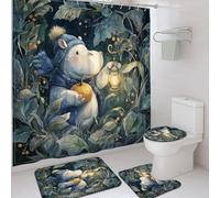 Set di 4 tende da doccia invernali con ippopotamo, lanterna blu bianca e blu, tappeto da bagno, accessori per la decorazione del bagno, set di tende da doccia moderne in tessuto impermeabile con ganci