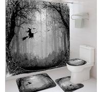 Set di 4 tende da doccia per Halloween, motivo strega, pipistrello, ragnatela, tappetino da bagno, accessori per la decorazione del bagno, set moderno in tessuto impermeabile con ganci, 182 x 183 cm