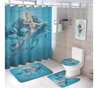 Set di 4 tende da doccia vintage nautiche con sirena, tappeto antiscivolo, copertura per copriwater e tappetino da bagno, resistente e impermeabile, per il bagno
